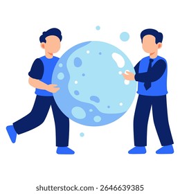 A joyful scene of two friends interacting with a large blue moon in a lively outdoor setting reflecting happiness fun and strong friendship