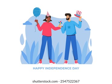 A joyful scene of two people celebrating Independence Day with balloons and festive hats. They are interacting and enjoying the moment. Vector illustration