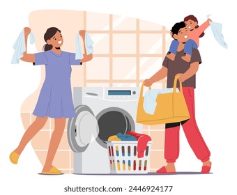 Joyful Scene Unfolds As A Busy Family Characters Parents and Kids Cheerfully Tackles Laundry Together At Home, Bonding Over Chores And Creating Warm Memories. Cartoon People Vector Illustration