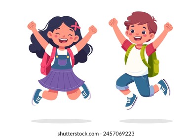 Joyful school children with backpacks in front of them are heading into a new school year. Ideal for back to school campaigns. Vector illustration isolated on white background.