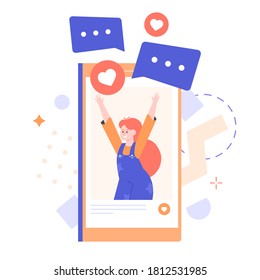 Joyful school-age girl on the smartphone screen. Child blogger influencer. Likes and comments on social networks. Internet communication. Vector flat illustration.