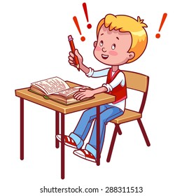 Joyful schoolboy behind a school desk with a book. Vector illustration on a white background.