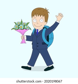 A joyful schoolboy goes to school after vacation. Vector picture