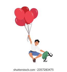Freuen Sie sich auf einen fröhlichen Schuljungen, der durch den Himmel schwingt und lebendige Ballons in einer Hand und Rucksack in der anderen Hand klopft. Charaktere markieren auf einem whimsical Abenteuer unter den Wolken. Vektorgrafik von Cartoon People