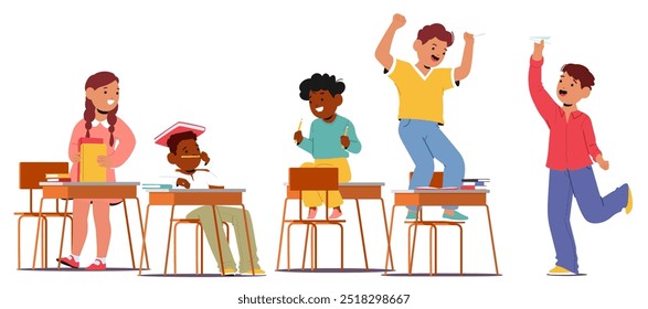 Joyful Schoolchildren Characters Engaging In Fun Activities During Classroom Break Time Captured In A Playful And Vibrant Setting Isolated on White Background. Cartoon People Vector Illustration