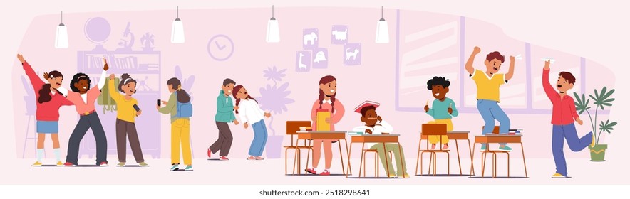 Joyful Schoolchildren Envolvendo-Se Em Atividades Divertidas Durante O Intervalo Em Uma Sala De Aula Cheia De Risos E Excitação. Personagens de Meninos e Meninas Estudantes Relaxante. Ilustração do vetor de pessoas do desenho animado