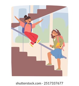 Alegres Escolares Disfrutando Del Tiempo De Descanso Con Entusiasmo Y Risas Mientras Interactúan Juguetones En La Escalera. Personajes de chicas estudiantes jugando y riendo. Ilustración vectorial de Personas de dibujos animados