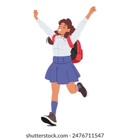 Joyful Schoolgirl With A Red Backpack Runs With Her Hands Up In The Air, Expressing Happiness And Excitement. Vector Character Wearing A School Uniform Celebrating Or Rejoicing In A Carefree Moment