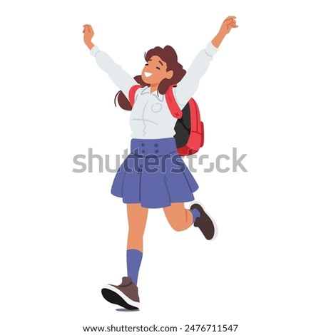 Joyful Schoolgirl With A Red Backpack Runs With Her Hands Up In The Air, Expressing Happiness And Excitement. Vector Character Wearing A School Uniform Celebrating Or Rejoicing In A Carefree Moment