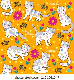 Joyful seamless animal pattern with cute cartoon cats, fluttering birds, flowers, small hearts and Meow lettering isolated on orange background in vector. Funny fabric print for kids.