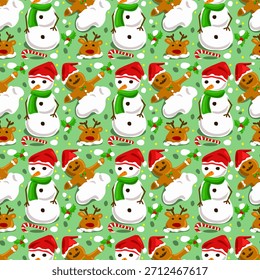 Un patrón de Navidades sin costuras alegre con muñecos de nieve, hombres de jengibre, renos, bastones de caramelo, copos de nieve y hojas de acebo sobre un fondo verde. perfecto para envolver papel, tarjetas de felicitación, textiles,