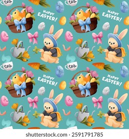 A joyful seamless Easter pattern with cute bunny, a chick, colorful Easter eggs and basket, fresh flowers, and garden supplies on a turquoise background