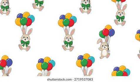 Fröhliches, nahtloses Muster aus beigen Kaninchen, die grüne Schleifen tragen und mit bunten Ballons auf einfarbigem, weißem Hintergrund schwimmen.