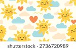 Joyful seamless pattern featuring happy smiling suns, fluffy clouds, and colorful hearts for nursery and baby decor.