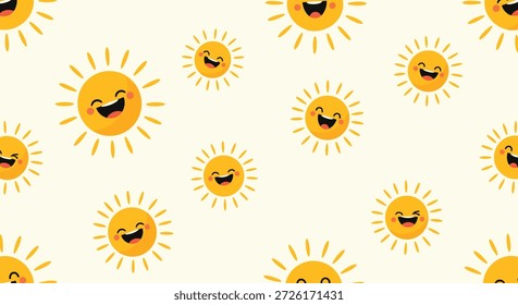 Patrón sin fisuras alegre de personajes de sol riendo con mejillas rosadas y rayos brillantes sobre un fondo crema suave para el verano.