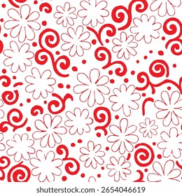 Um alegre padrão contínuo de flores vermelhas contornadas, redemoinhos e pontos no branco. Ideal para desenhos divertidos e extravagantes, evocando uma estética desenhada à mão, alegre e alegre.