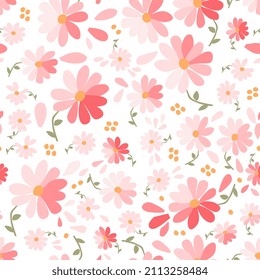 Joyful seamless pattern with pink daisies, petals and yellow spots isolated on white background. Romantic print for summer fabric. Vector illustration.
