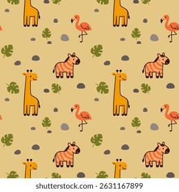 Joyful seamless print with giraffes, zebras, and flamingos on soft beige. Designed in a naive, friendly style, perfect for baby clothing, early education, or sunny seasonal use.