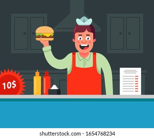 joyful seller has prepared a hamburger and is selling it. Flat vector illustration of characters.