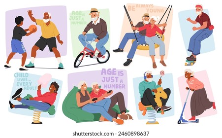 Joyful Senior Characters Engaging In Youthful Activities, Playing Basketball, Cycling, Enjoying Video Games, All Celebrating The Timeless Adage Age Is Just A Number. Cartoon People Vector Illustration