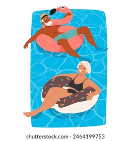 Joyful Senior Couple Relaxing In A Pool On Inflatable Donut And Flamingo Floats. Old Male and Female Characters Showcasing Leisure And Happy Retirement Moments. Cartoon People Vector Illustration