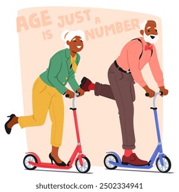 Joyful Senior Couple Riding Scooters And Having Fun Together. Cartoon Vector Illustration Captures Happiness, Youthfulness and Young Spirit Of Aged People Characters. Concept Of Age Is Just A Number