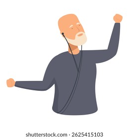 Joyful senior male casually dressed, listens to music with closed eyes and raised fists