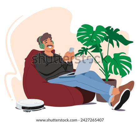 Joyful Senior Man Effortlessly Navigates Modern Technology, Embracing The Convenience Of Smart Devices With A Radiant Smile. Old Male Character with Laptop, Smartphone, Headphones and Vacuum Cleaner
