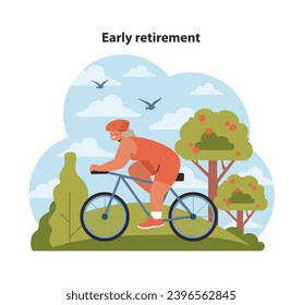 Joyful senior on a bicycle enjoys the scenic beauty of nature, embodying the leisure and freedom of early retirement. Biking adventures await. Flat vector illustration.