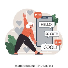 Joyful senior woman embraces online dating, receiving likes and messages on her mobile profile with enthusiasm. Flat vector illustration