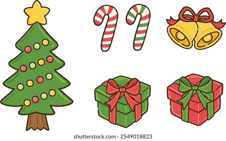 A joyful set of Christmas icons featuring a decorated Christmas tree, candy canes, festive bells with a bow, and neatly wrapped red and green gift boxes. Ideal for holiday cards, stickers, and crafts