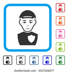 Joyful Sheriff vector icon. Human face has enjoy expression. Black, grey, green, blue, red, orange color additional versions of sheriff symbol inside a rounded rectangle. A man in a cap.