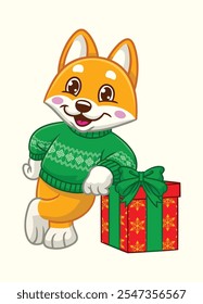 Joyful Shiba Inu Mascot Wearing Sweater Lean on Gift Box