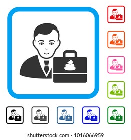 Joyful Shit Accounter vector pictograph. Human face has positive mood. Black, gray, green, blue, red, pink color versions of shit accounter symbol in a rounded rectangle.