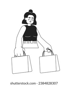 Joyful shophocolic monochromatic flat vector character. Latina woman with shopping bag. Editable thin line half body person on white. Simple bw cartoon spot image for web graphic design