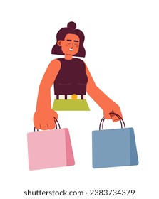 Joyful shophocolic semi flat color vector character. Latina woman with shopping bag. Editable half body person on white. Simple cartoon spot illustration for web graphic design