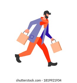 Joyful shopping People bunner. Young man carrying shopping bags with purchases, taking part in seasonal sale at store, shop, mall. Flat Art Vector Illustration
