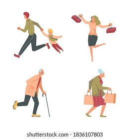 Joyful shopping People set. Men and women carrying shopping bags with purchases, taking part in seasonal sale at store, shop, mall. Flat Art Vector Illustration