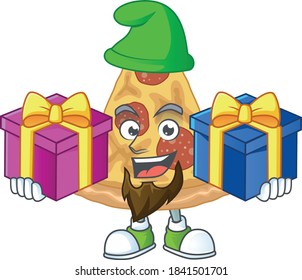 A joyful slice of pizza mascot design style with Christmas gifts. Vector illustration