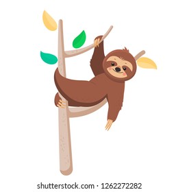Joyful sloth hanging on a branch. Vector illustration. Cartoon slyle.Isolated on white background