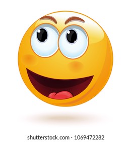 Joyful smiley laughs wide open mouth. Happy smiley emoticon face. Positive smiling ball. Vector illustration isolated on white background