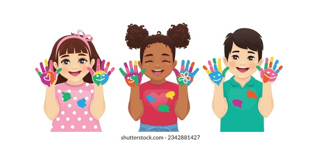 Joyful smiling kids boys and girls showing painted hands isolated vector illustration. Multiethnic little children drawing