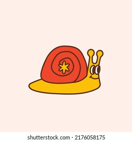 Joyful snail with a star. Colorful vector illustration in vintage style. Retro design element or icon