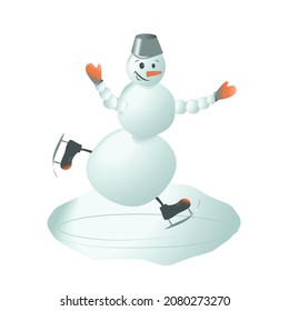 A Joyful Snowman With A Bucket On His Head Glides Merrily On Skates. Christmas Clip Art