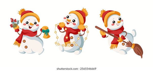 Joyful snowmen performing Christmas mood flat color vector icon set. Winter season holiday celebrating characters pack on white background