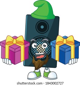 A joyful sound system mascot design style with Christmas gifts. Vector illustration
