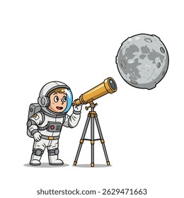 Joyful space character sitting casually on a bumpy moon surface while holding a small red and silver satellite.