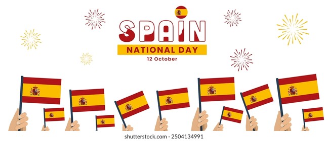 Joyful Spain National Day Celebration with Handheld Flags and Fireworks - Festive Vector Illustration