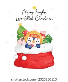 Joyful spirit with cute and funny Christmas penguin. Delightfully packaged in a big Santa sack, this whimsical watercolor illustration is perfect for greeting cards and festive designs.