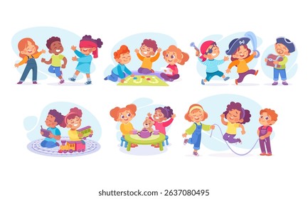 Joyful and spirited children joyfully engaging in various fun activities together as friends